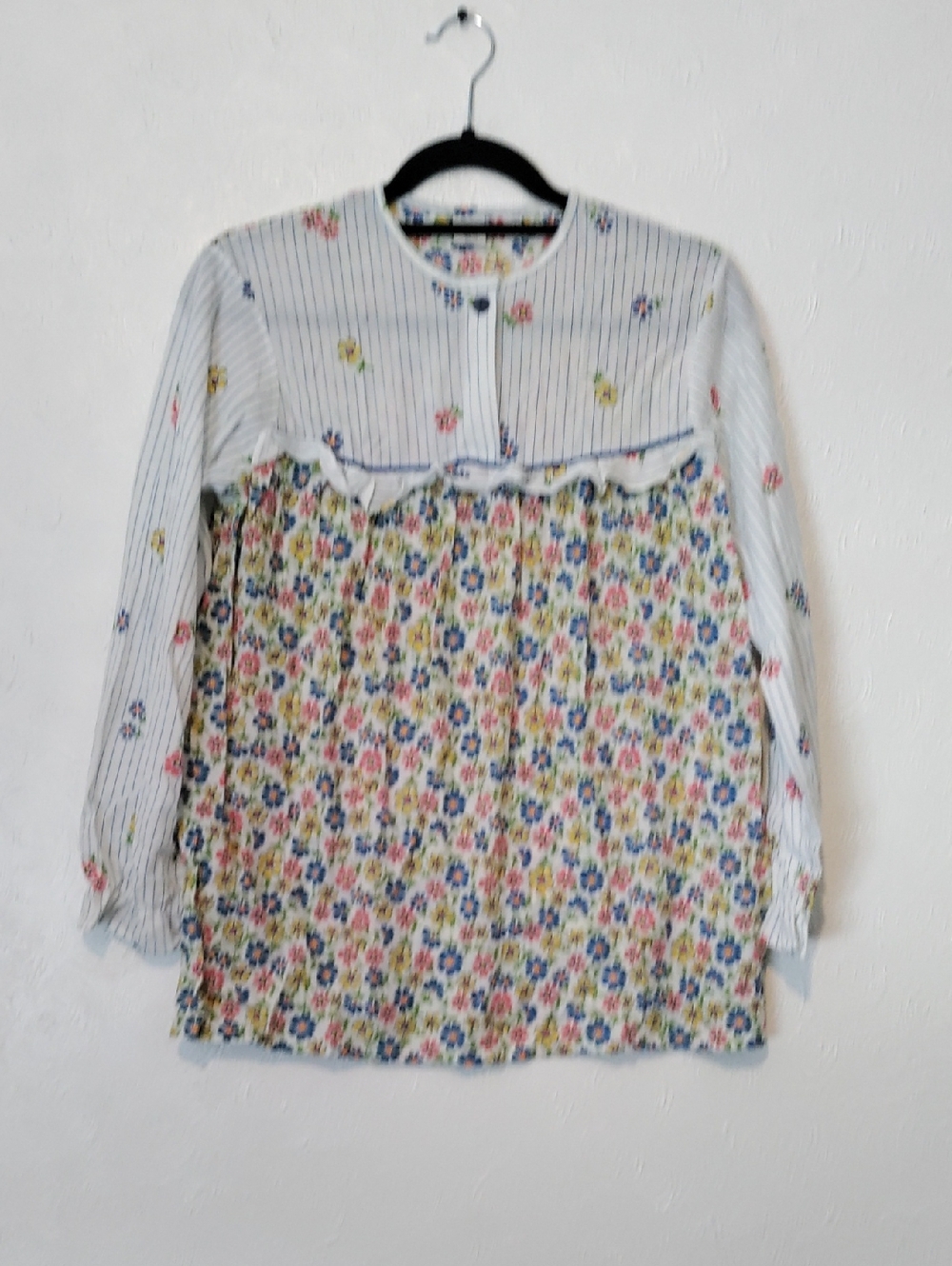 Sears White Floral & Stripe Mixed-Print Long Sleeve Top